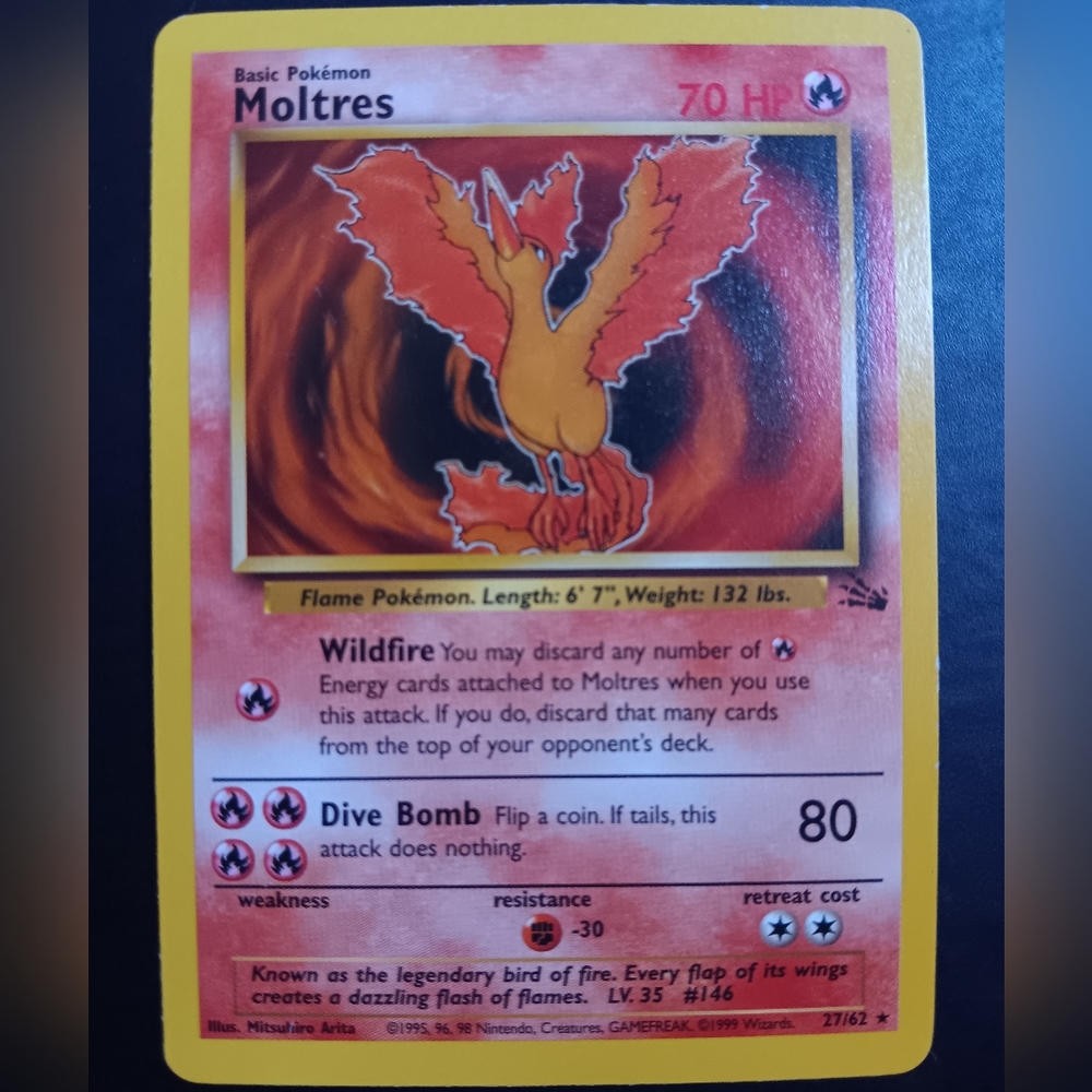 Moltres Pokemon Card - Fossil - 27/62 Rare Non-Holo